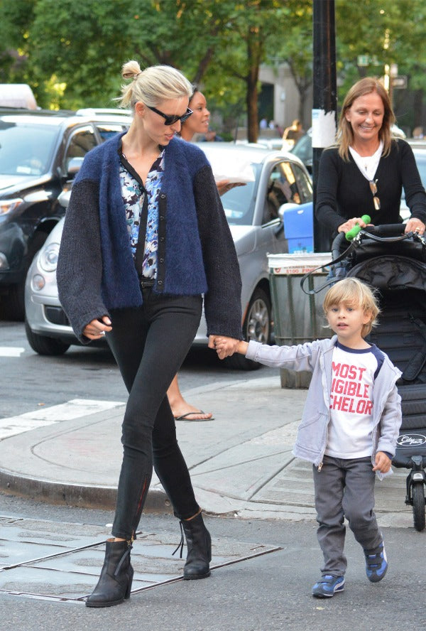 Model mum Karolina Kurkova spotted in dark grey Etienne Marcel jeans.